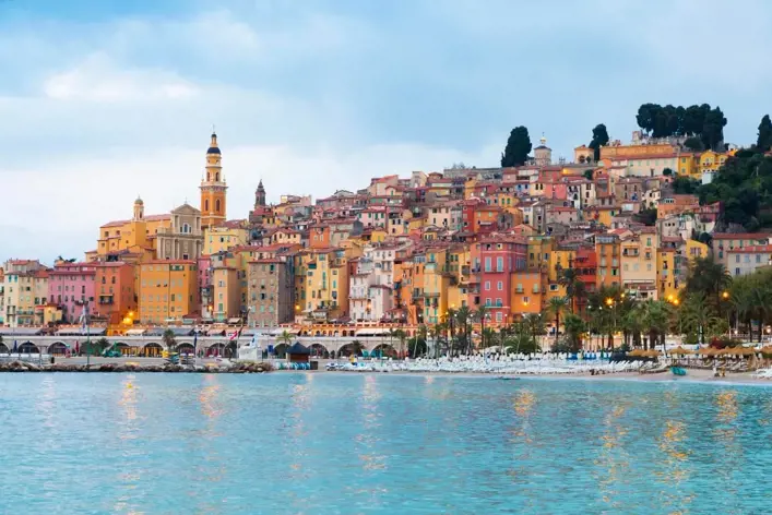 Menton France Circa August 2021 View Of The French Riviera Named The Coast Azur Located In The South Of France Sunrise Light 1
